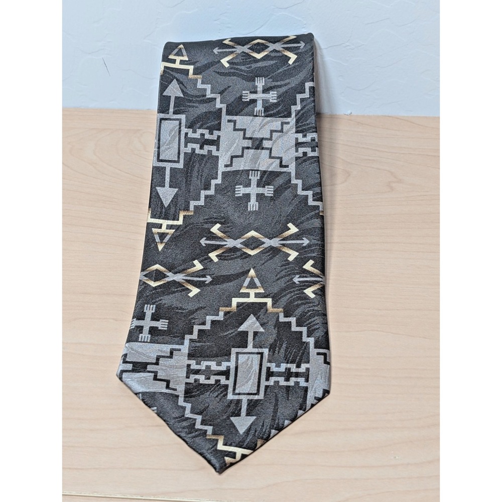 Circle S Neckear Tie Black Brown & Gold Western Print Silk 4" x 60"